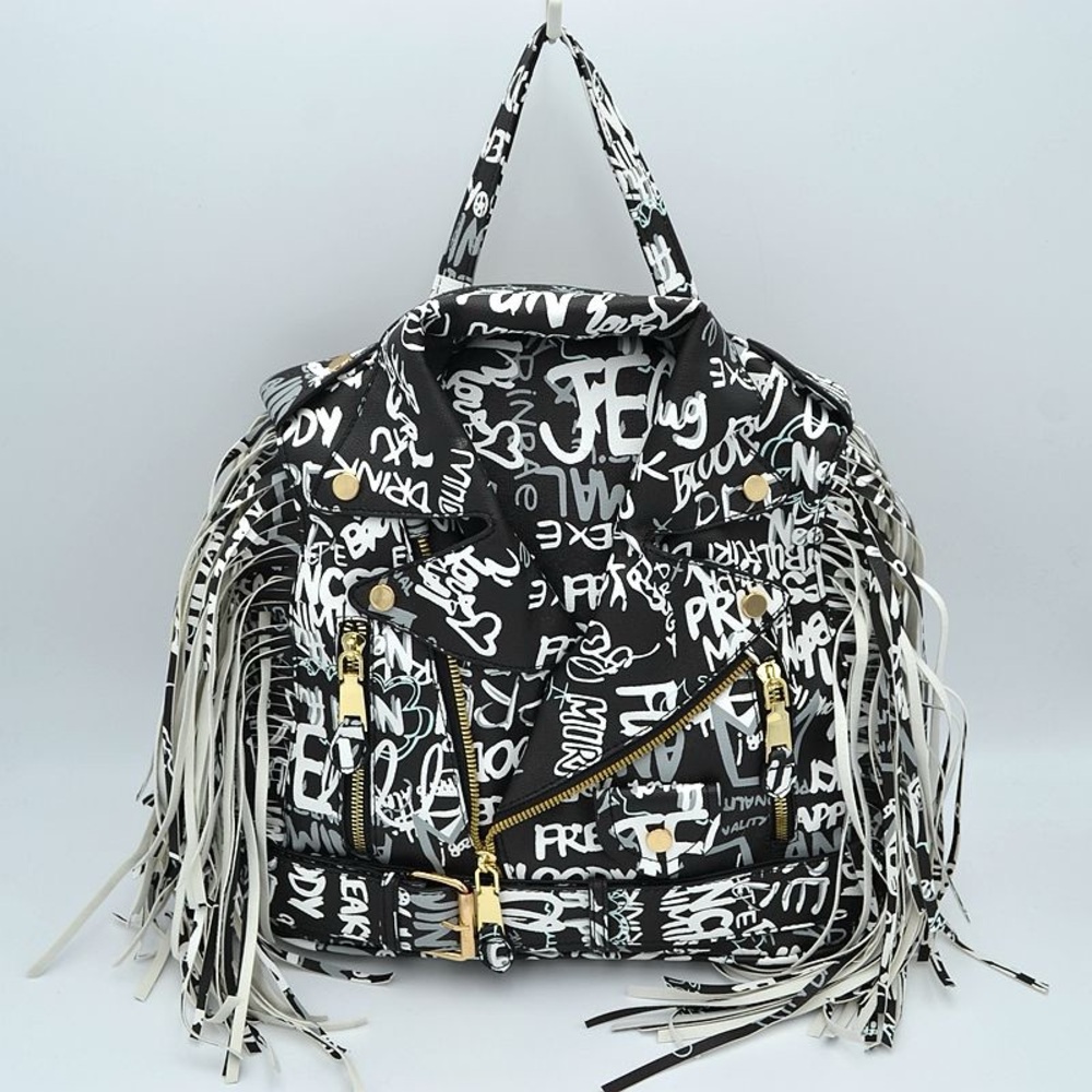 Black & White Graffiti Fringe Women’s Leather Jacket Backpack🎒 Tote